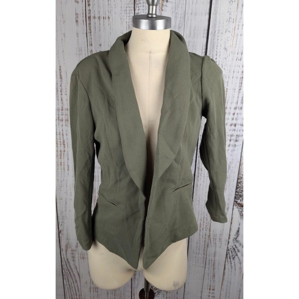 Bar III Knit-Crepe Ruched-Sleeve Blazer Dusty Olive Women's Size S Open